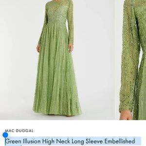 Green Illusion High Neck Long Sleeve Embellished Gown